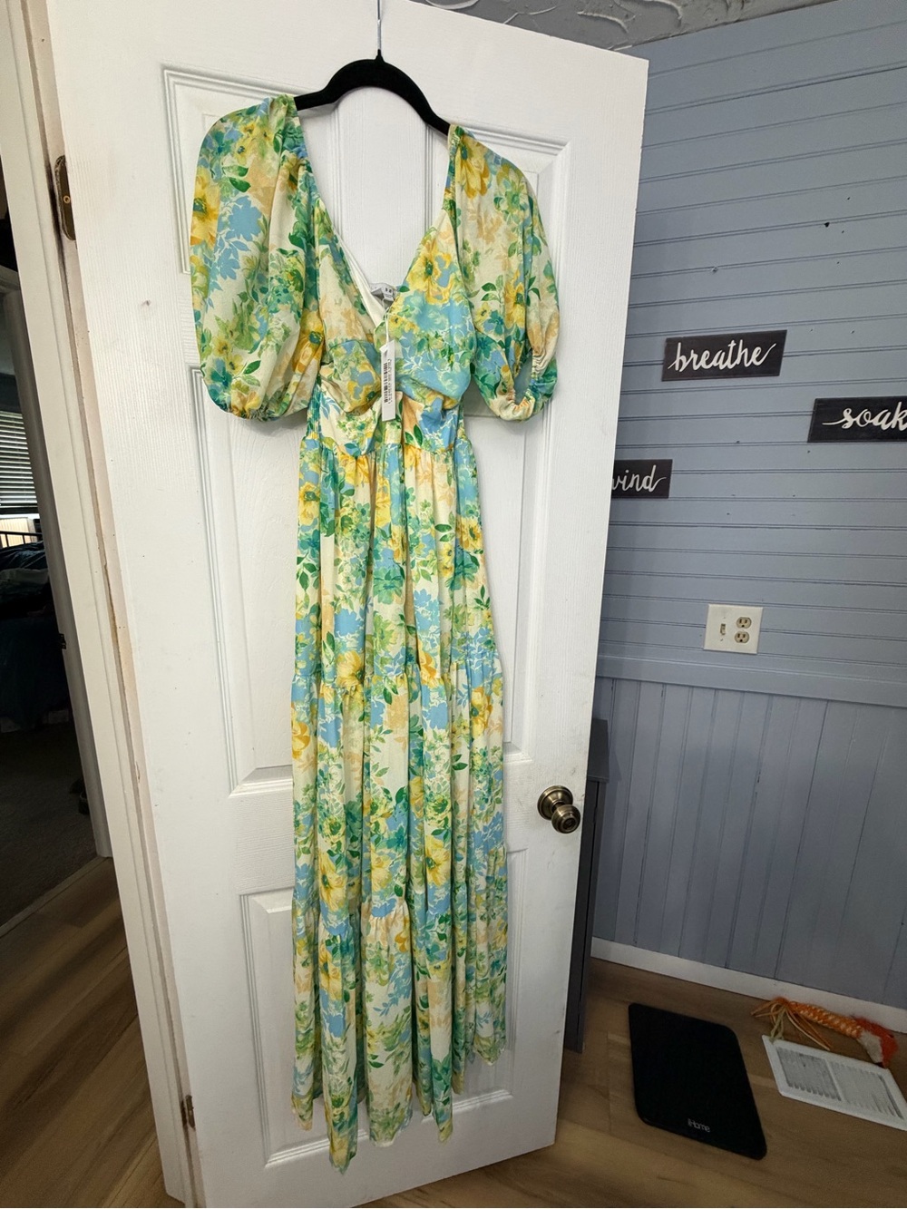Baltic Born Yellow, Blue & Green Floral Puff-Sleeve Maxi Dress